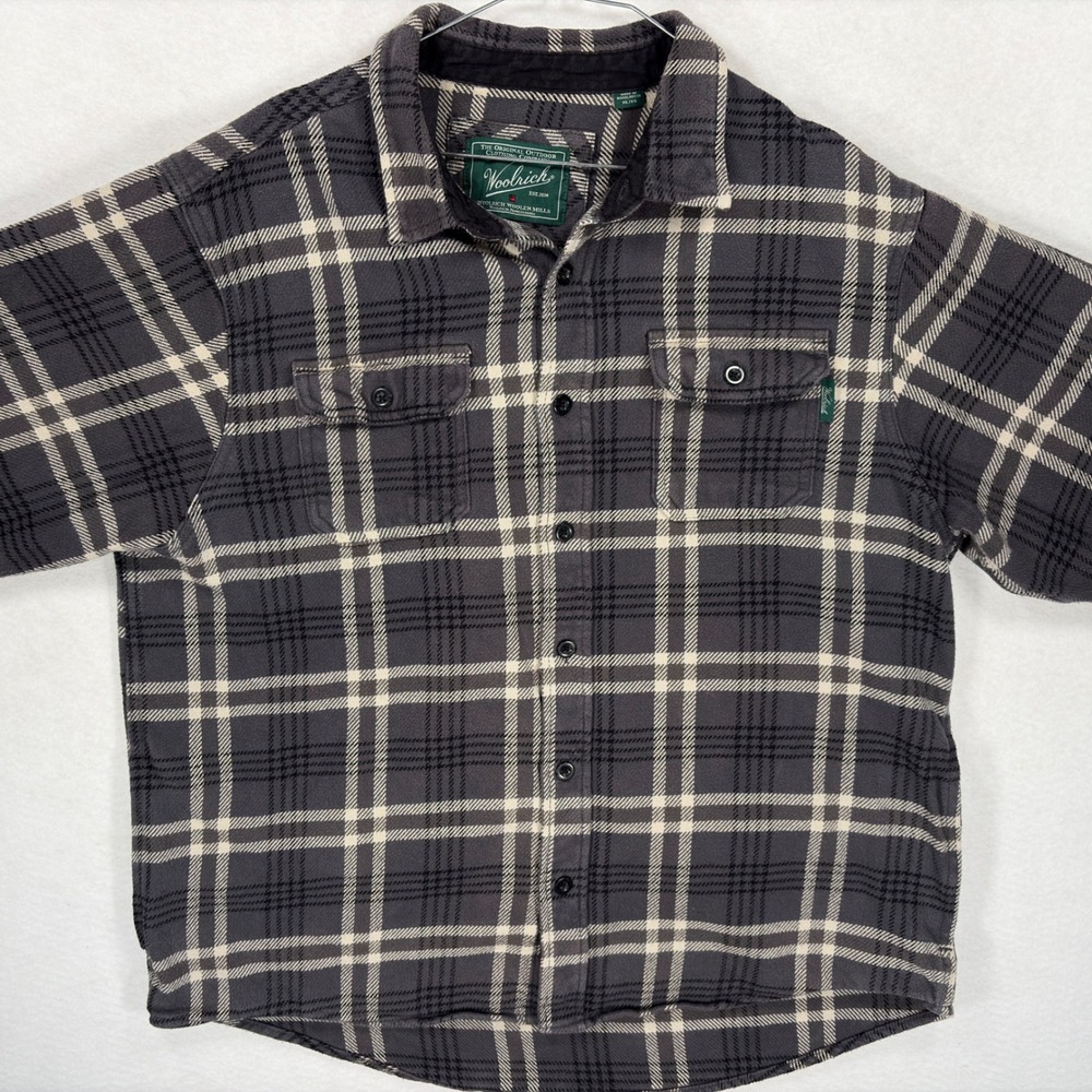 Woolrich Mens XL Gray Plaid Flannel Shirt 100% Cotton Long Sleeve Button Down